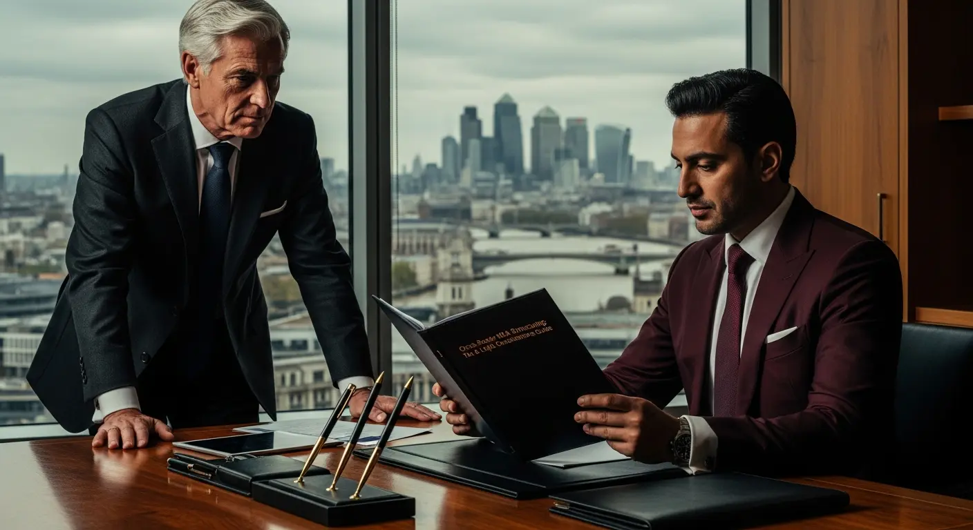 Photorealistic illustration of global M&A structuring with legal documents and tax symbols, representing cross-border tax & legal considerations.