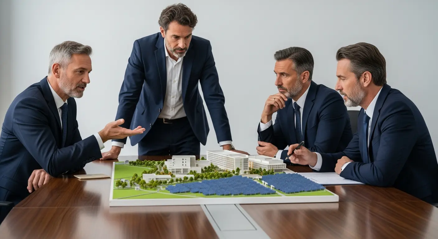 Photorealistic illustration of a Solar SPV (Special Purpose Vehicle) structuring project in Africa, focusing on photovoltaic energy development.
