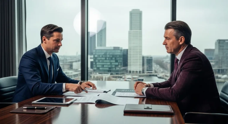 Photorealistic illustration depicting strategic EU subsidiary selection for UK businesses, comparing France, Germany, Netherlands, Ireland.