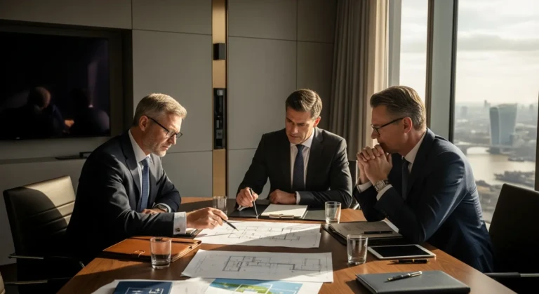 Photorealistic illustration of wind farm structuring with SPV and project finance for renewable energy projects, showing financial flow.